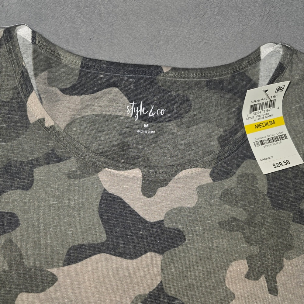 Style & Co Womens Camo Graphic Tee GI Jane Camo Grey Green Medium NWT